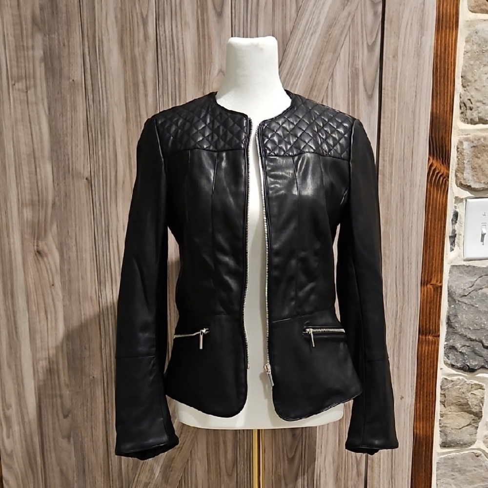 Zara Black Leather Jacket with Lace Detailing